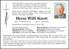 Traueranzeige Willi Knott