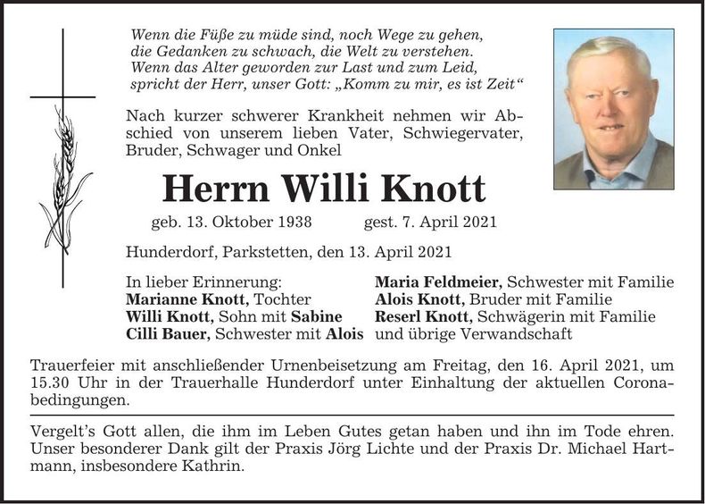 Traueranzeige Willi Knott