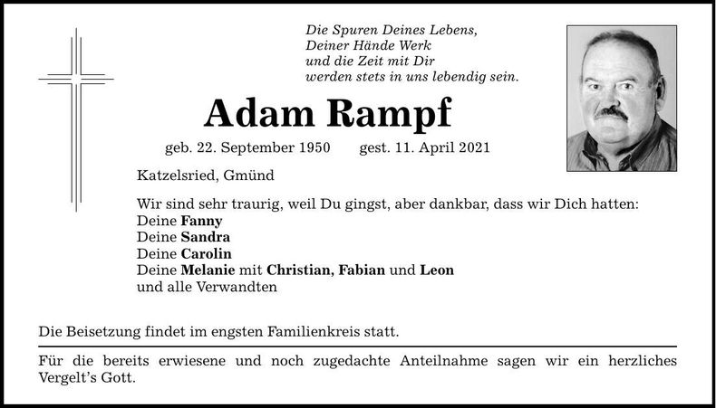 Traueranzeige Adam Rampf