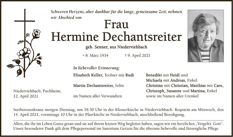 Traueranzeige Hermine Dechantsreiter