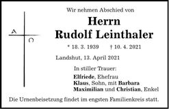Traueranzeige Rudolf Leinthaler