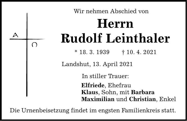 Traueranzeige Rudolf Leinthaler