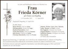 Traueranzeige Frieda Körner