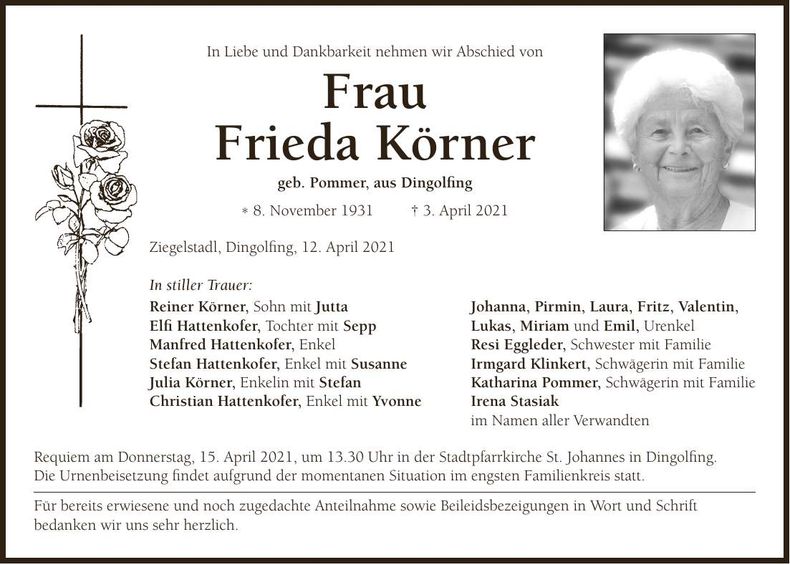 Traueranzeige Frieda Körner