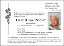 Traueranzeige Alois Prieler
