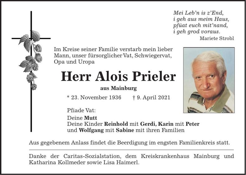 Traueranzeige Alois Prieler