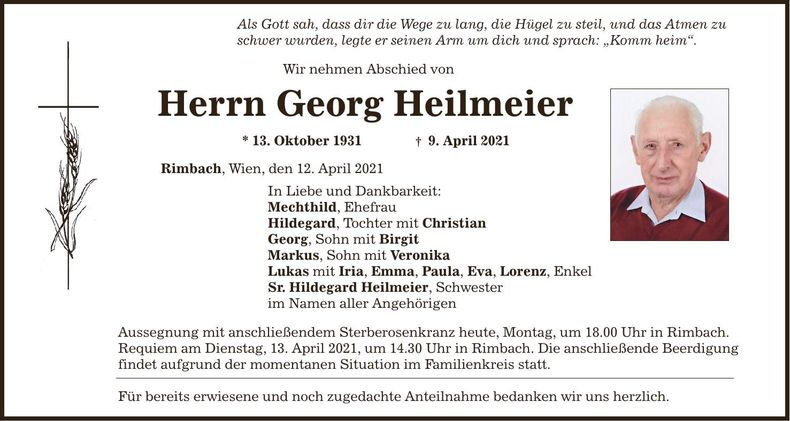 Traueranzeige Georg Heilmeier