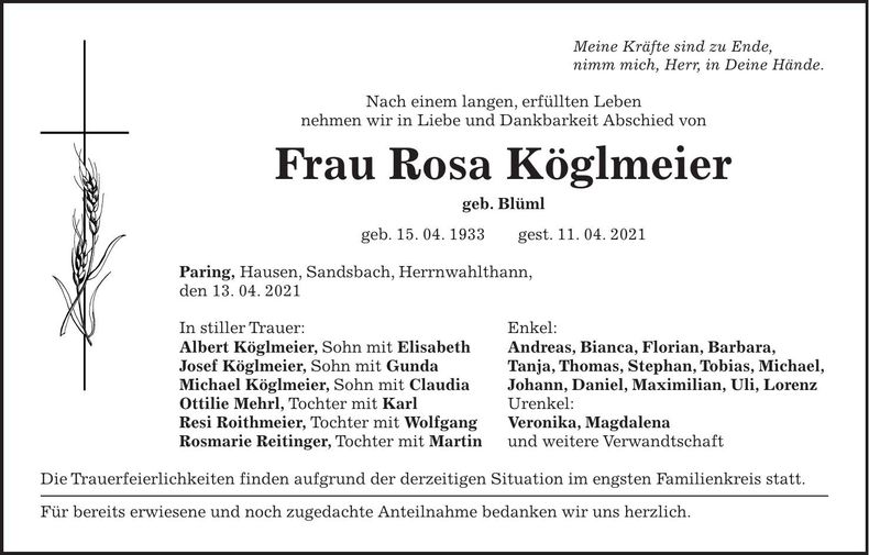 Traueranzeige Rosa Köglmeier