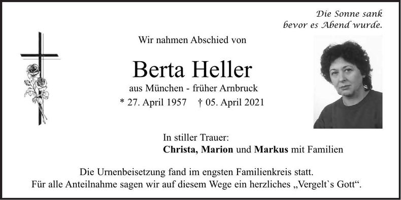 Traueranzeige Berta Heller