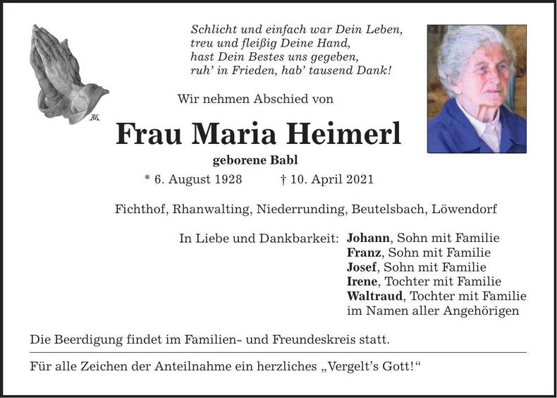 Traueranzeige Maria Heimerl