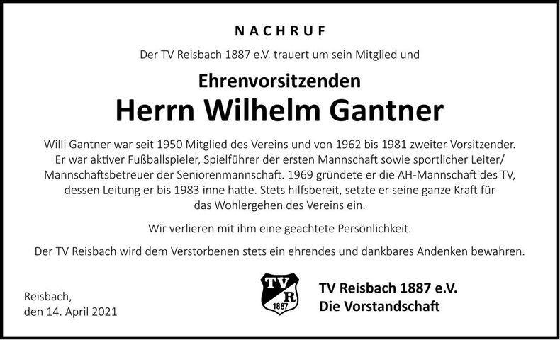 Traueranzeige Wilhelm Gantner