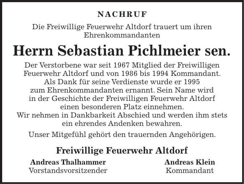 Traueranzeige Sebastian Pichlmeier