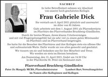 Traueranzeige Gabriele Dick