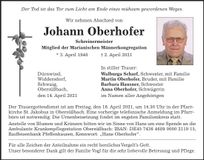 Traueranzeige Johann Oberhofer