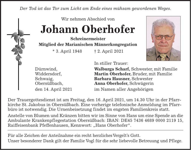 Traueranzeige Johann Oberhofer