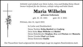 Traueranzeige Maria Wilhelm