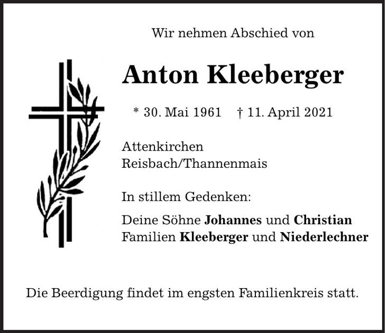 Traueranzeige Anton Kleeberger