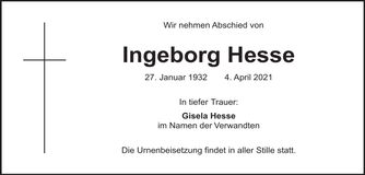 Traueranzeige Ingeborg Hesse