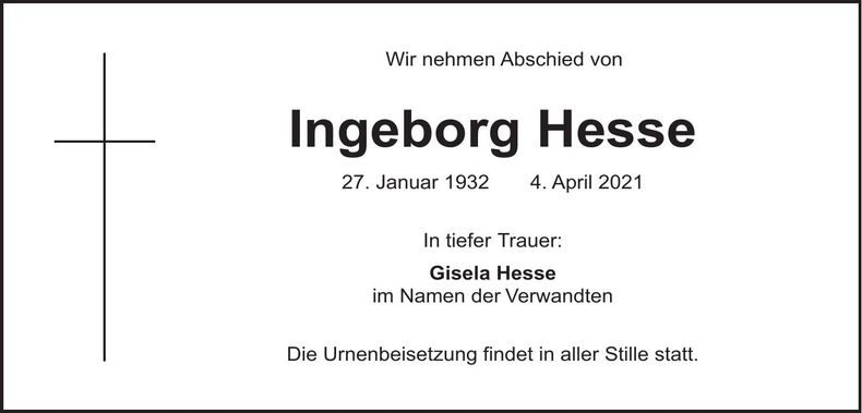 Traueranzeige Ingeborg Hesse