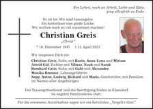 Traueranzeige Christian Greis
