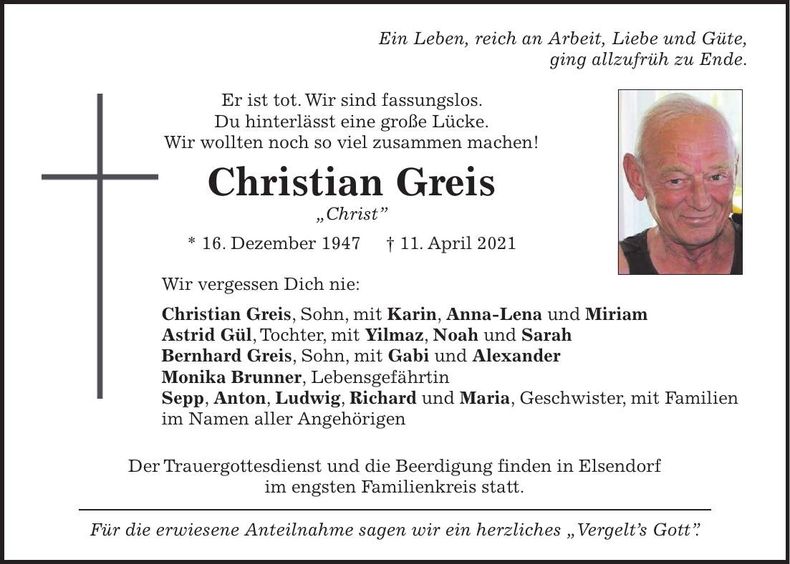 Traueranzeige Christian Greis
