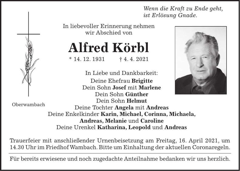 Traueranzeige Alfred Körbl