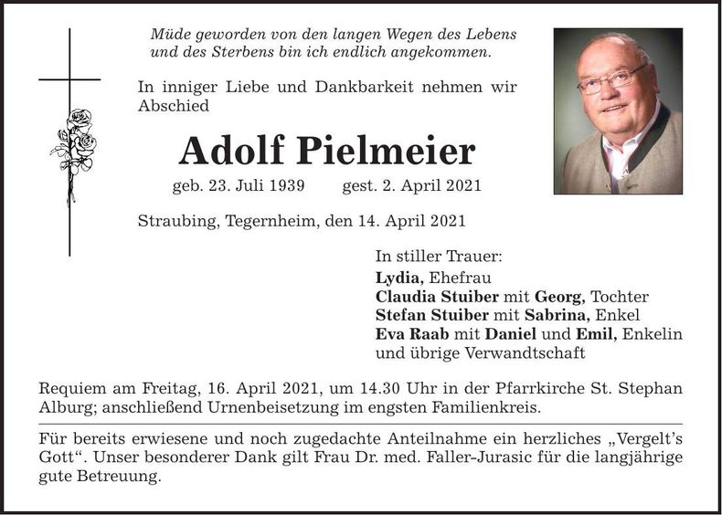 Traueranzeige Adolf Pielmeier