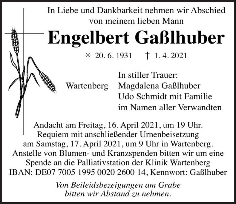 Traueranzeige Engelbert Gaßlhuber