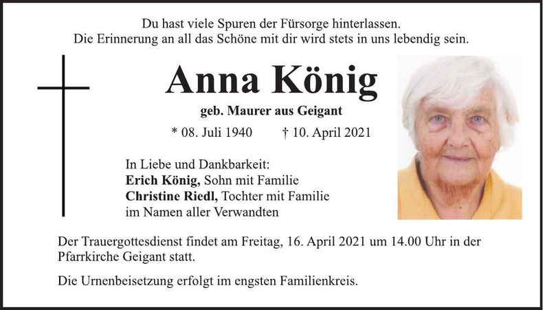 Traueranzeige Anna König