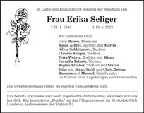 Traueranzeige Erika Seliger