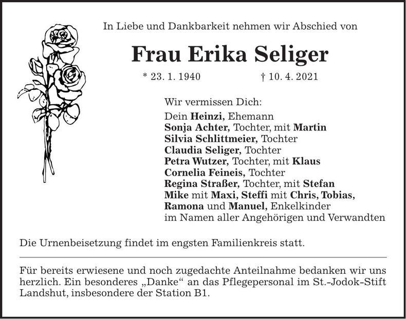 Traueranzeige Erika Seliger