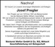 Traueranzeige Josef Pregler
