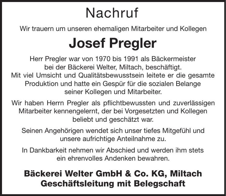 Traueranzeige Josef Pregler