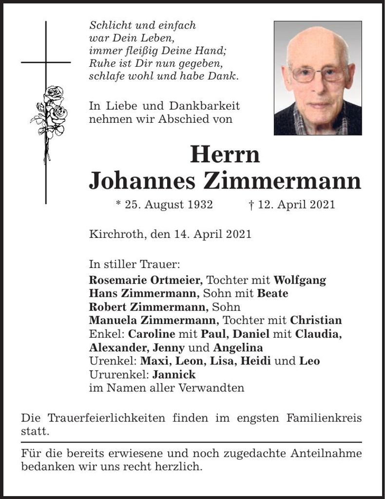 Traueranzeige Johannes Zimmermann