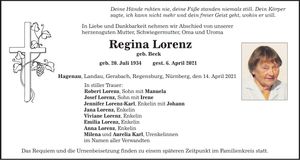 Traueranzeige Regina Lorenz