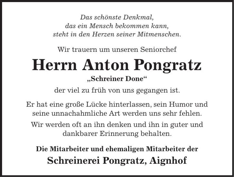 Traueranzeige Anton Pongratz