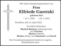 Traueranzeige Elfriede Guretzki