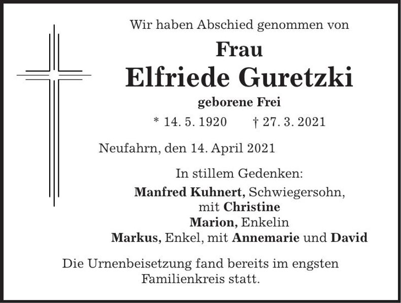 Traueranzeige Elfriede Guretzki