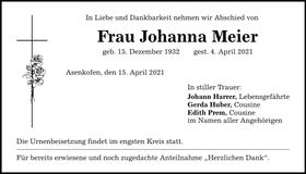 Traueranzeige Johanna Meier
