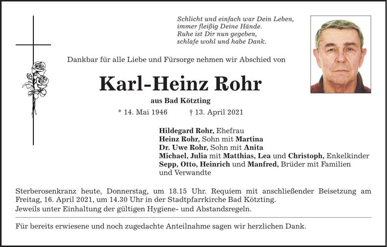 Traueranzeige Karl-Heinz Rohr
