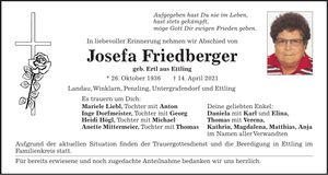 Traueranzeige Josefa Friedberger