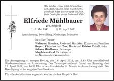 Traueranzeige Elfriede Mühlbauer