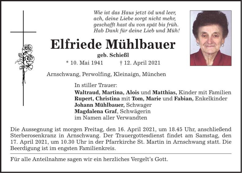 Traueranzeige Elfriede Mühlbauer