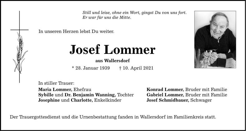 Traueranzeige Josef Lommer