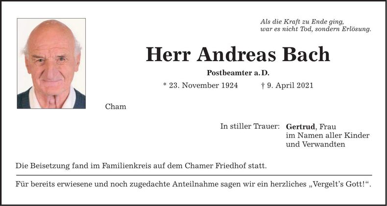 Traueranzeige Andreas Bach