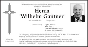 Traueranzeige Wilhelm Gantner