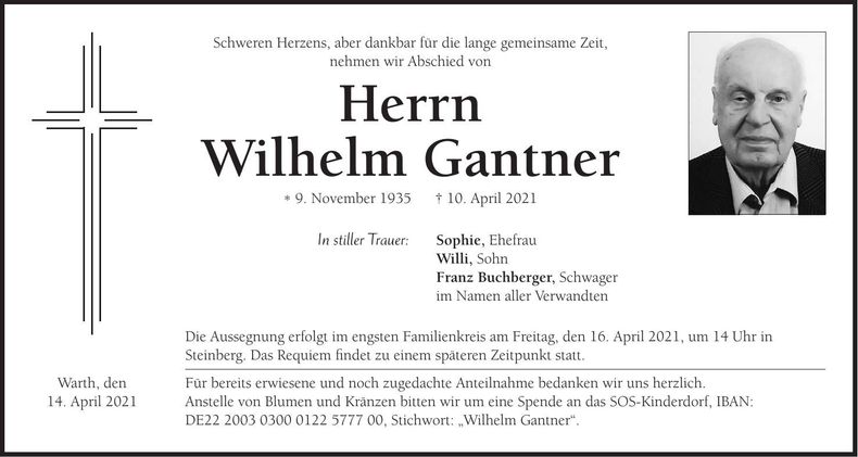 Traueranzeige Wilhelm Gantner