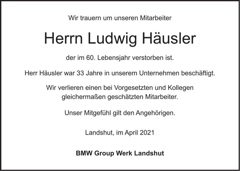 Traueranzeige Ludwig Häusler