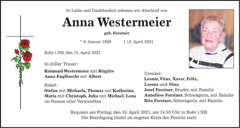 Traueranzeige Anna Westermeier