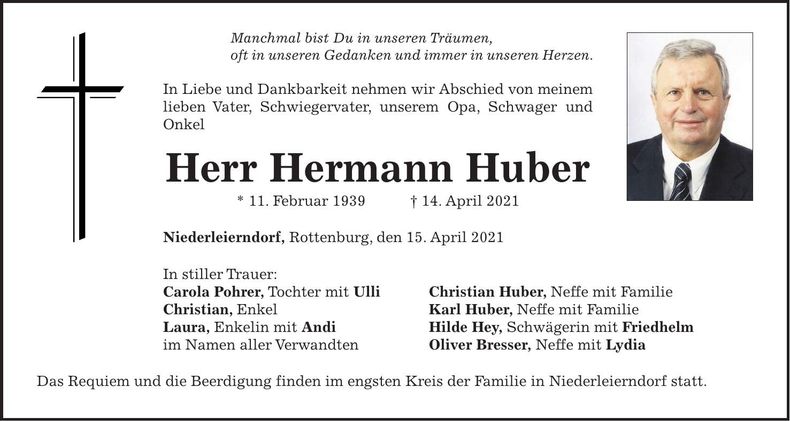 Traueranzeige Hermann Huber